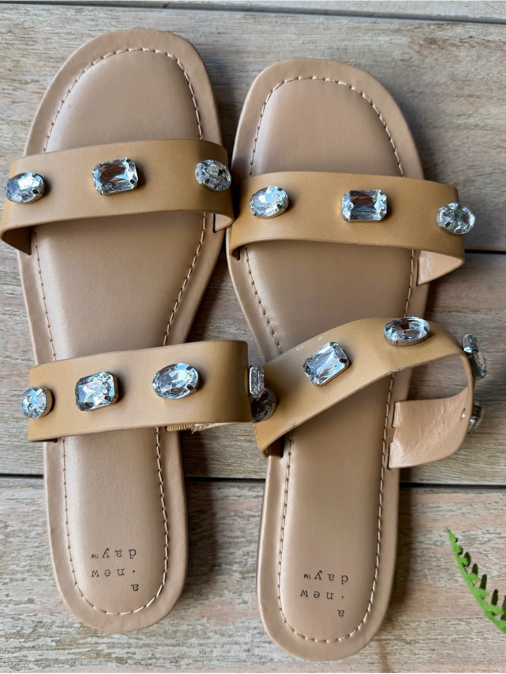 a new day Tan Slide Sandals with Clear Gem Accents New Without Tags